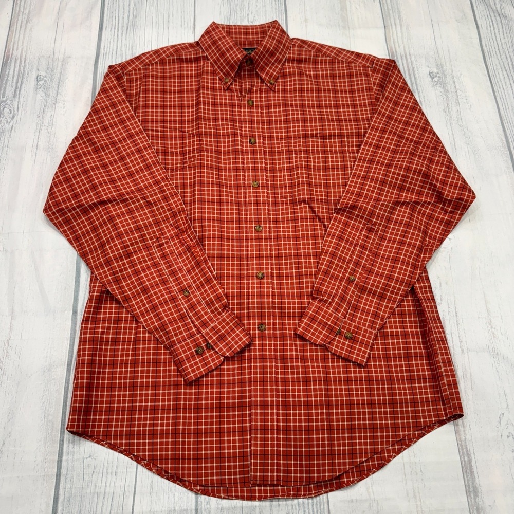 Brooks Brothers Non Iron Button Down Shirt M Orange Plaid‎ Mens